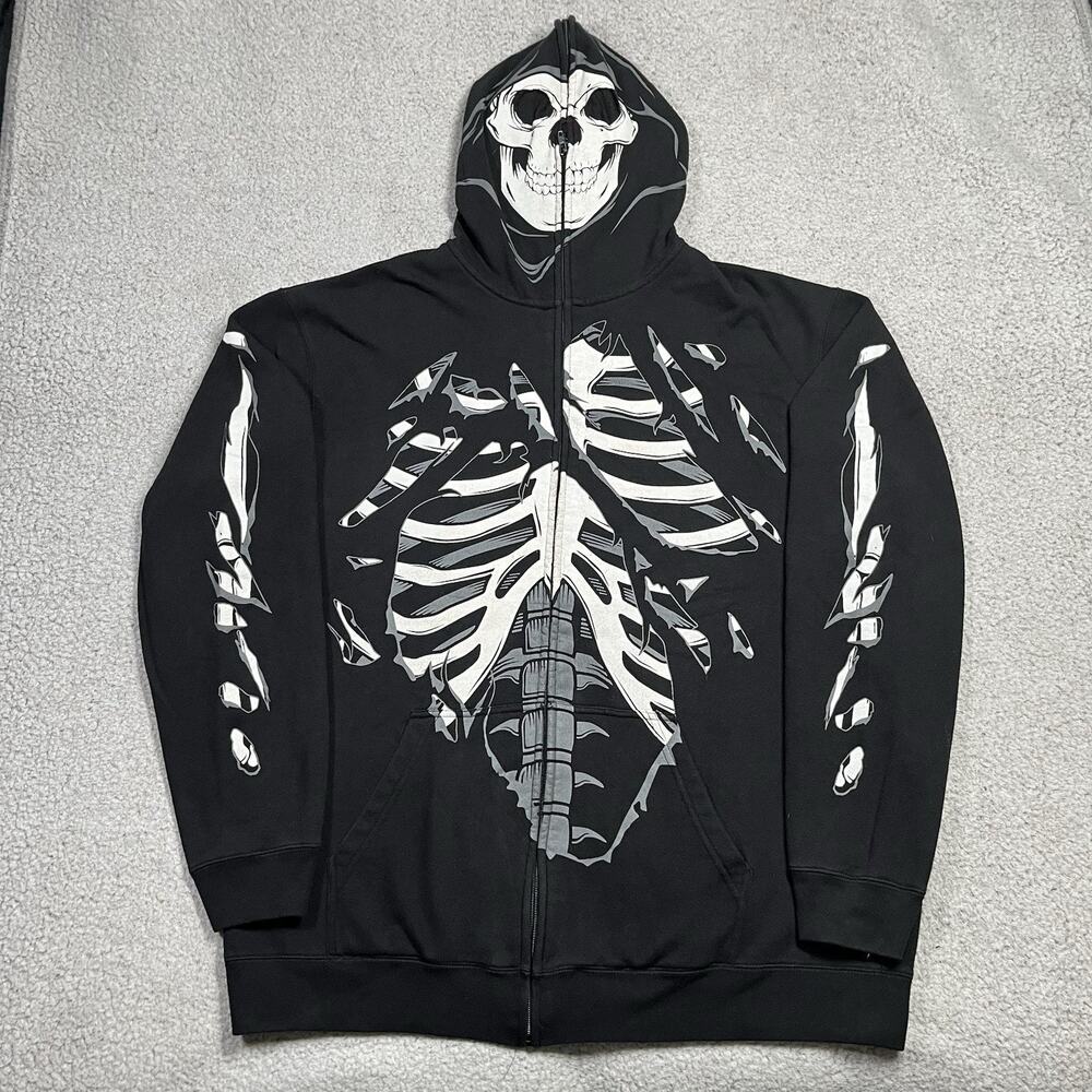 Vintage Skeleton Hoodie Mens XL Full Zip Y2K Skater Grunge Sweatshirt Emo
